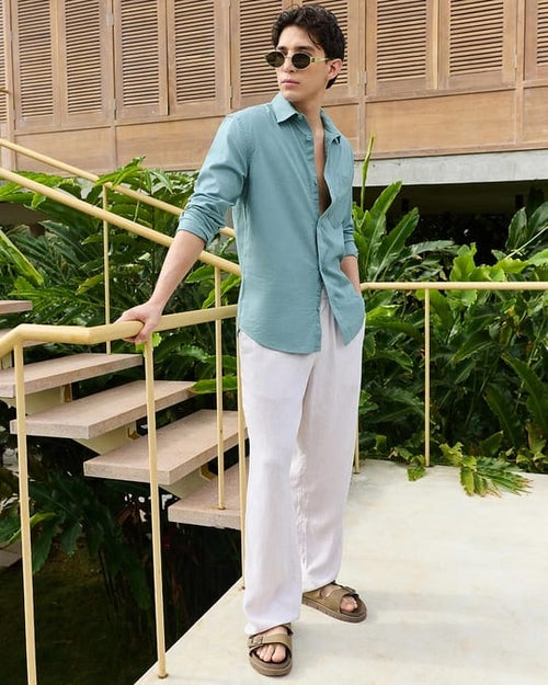 ZLIFORNIA Premium Sky Blue Linen Cotton Casual Shirt