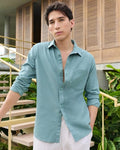 ZLIFORNIA Premium Sky Blue Linen Cotton Casual Shirt