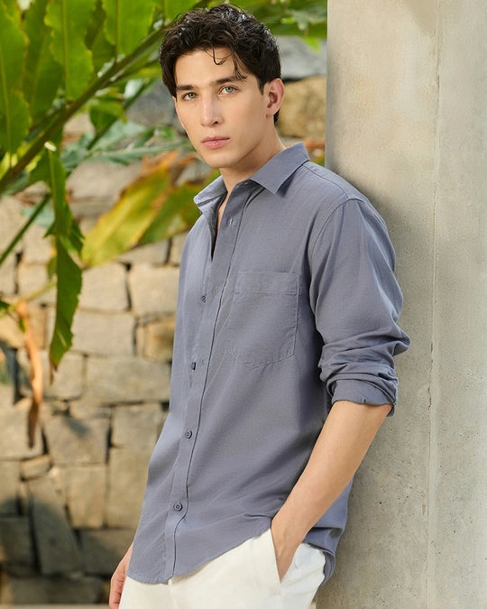 ZLIFORNIA Premium Slate Grey Linen Cotton Casual Shirt