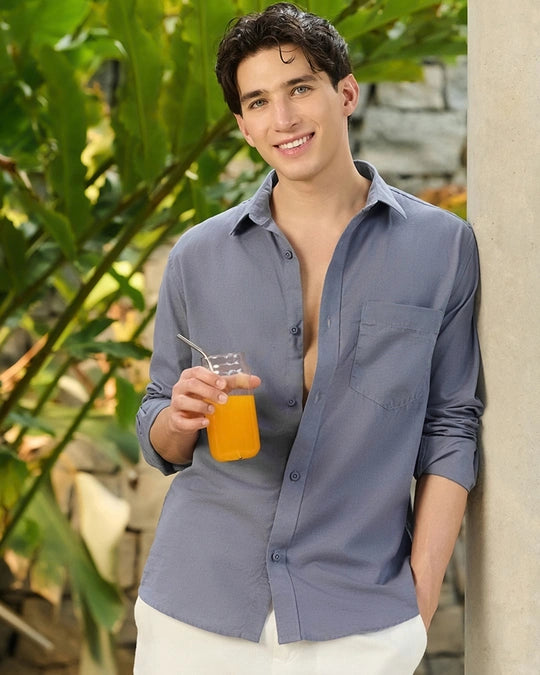 ZLIFORNIA Premium Slate Grey Linen Cotton Casual Shirt
